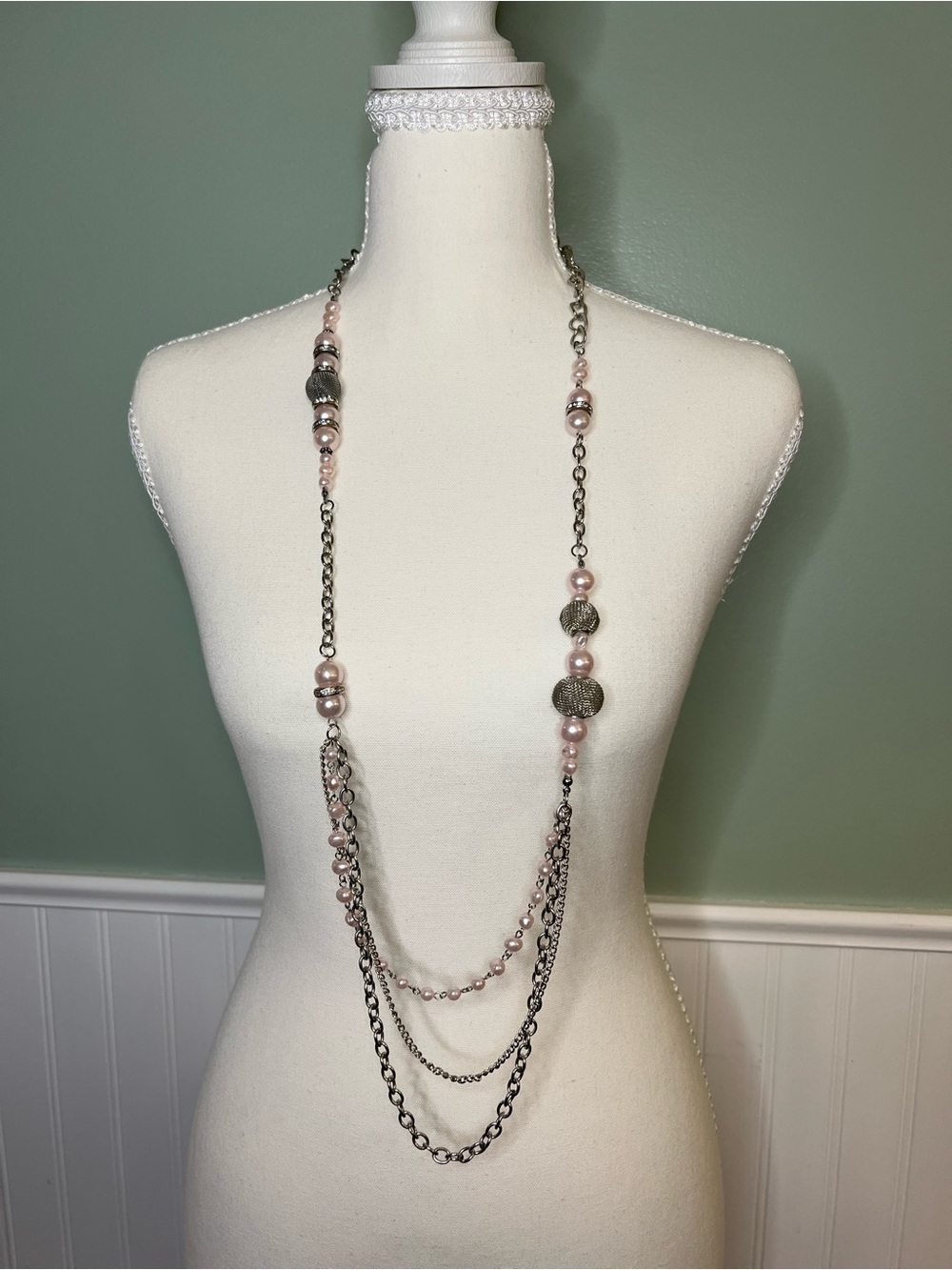 Long Pink Pearl & Gunmetal Silver Tone Multi-Strand Necklace